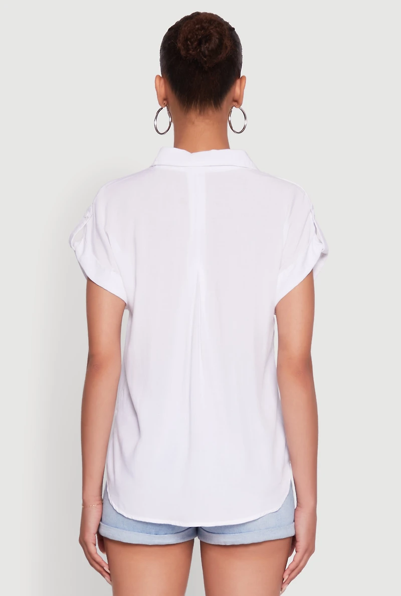 Womens Trendy Tabbed Short Sleeve Collared Blouse, White, Size S