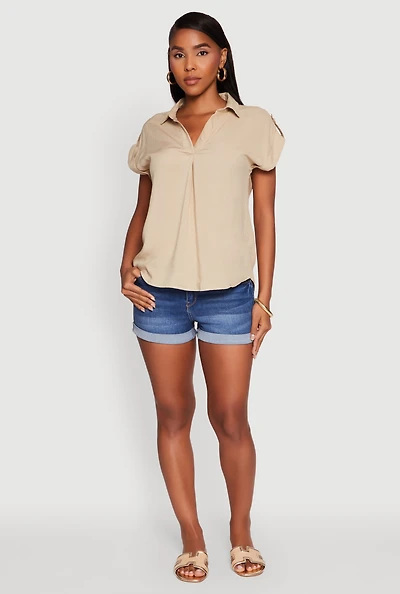 Womens Trendy Tabbed Short Sleeve Collared Blouse,