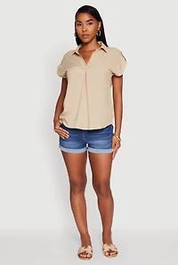 Womens Trendy Tabbed Short Sleeve Collared Blouse,