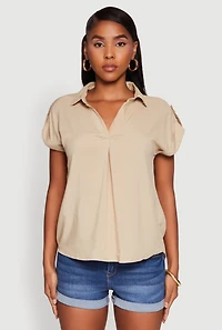 Womens Trendy Tabbed Short Sleeve Collared Blouse,
