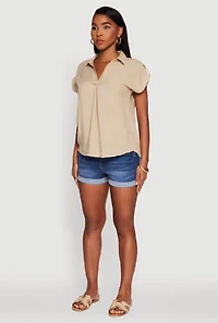 Womens Trendy Tabbed Short Sleeve Collared Blouse,