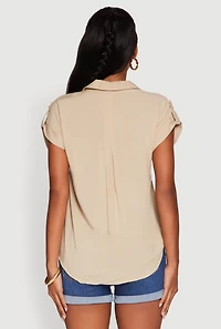 Womens Trendy Tabbed Short Sleeve Collared Blouse,