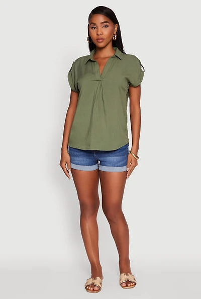 Womens Trendy Tabbed Short Sleeve Collared Blouse, Green, Size M