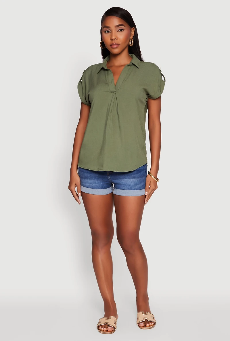 Womens Trendy Tabbed Short Sleeve Collared Blouse, Green, Size S