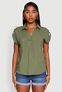 Womens Trendy Tabbed Short Sleeve Collared Blouse, Green, Size S