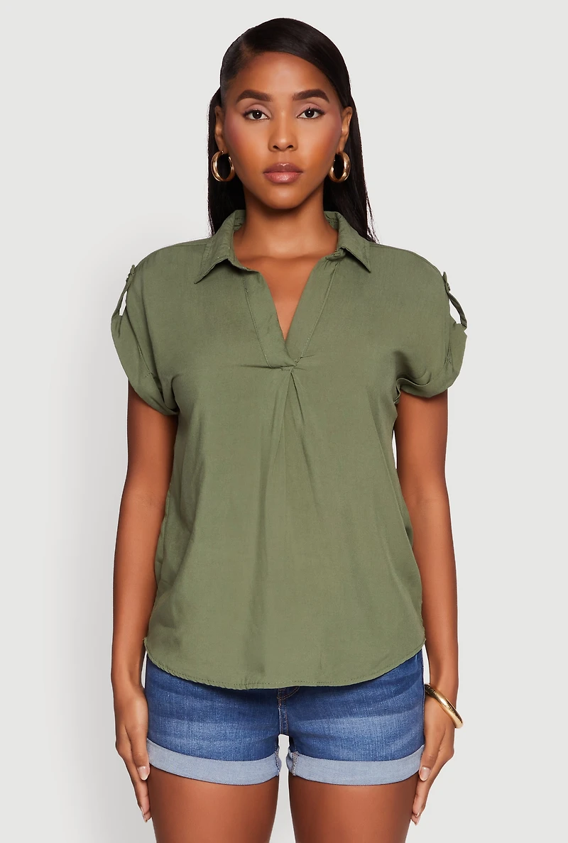 Womens Trendy Tabbed Short Sleeve Collared Blouse, Green, Size M