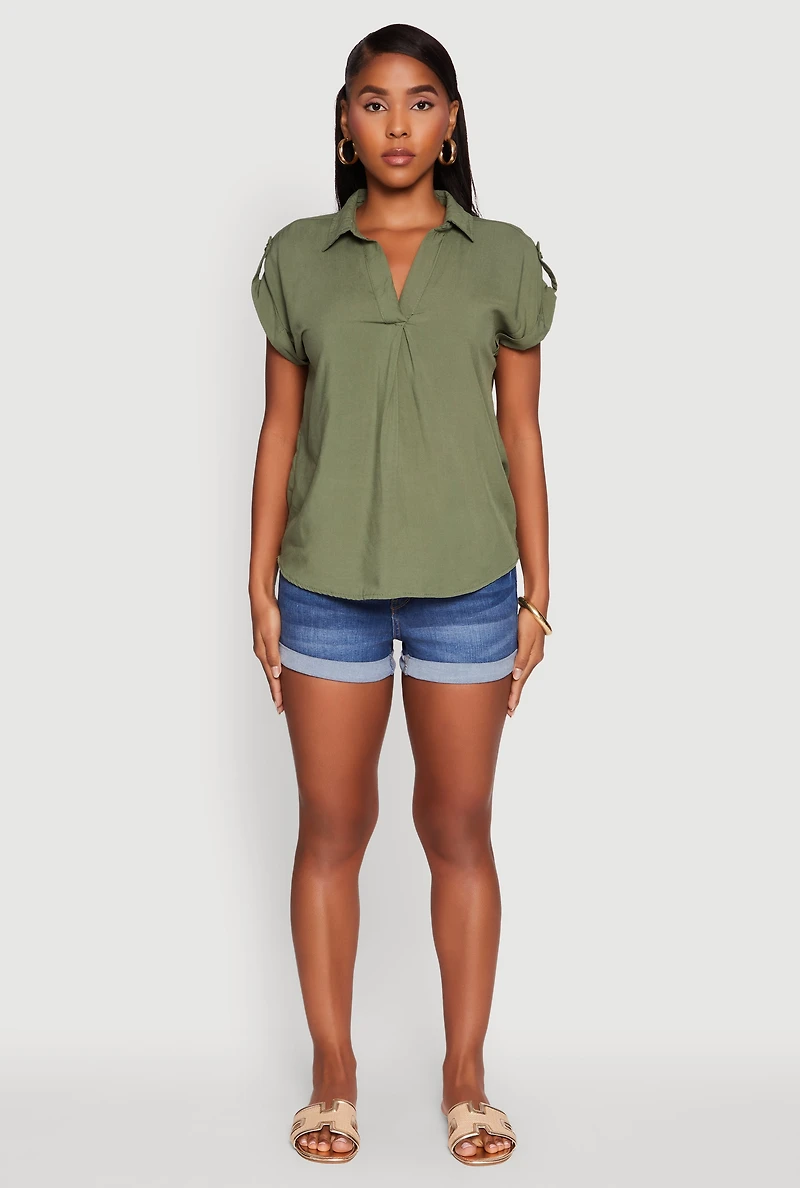 Womens Trendy Tabbed Short Sleeve Collared Blouse, Green, Size S