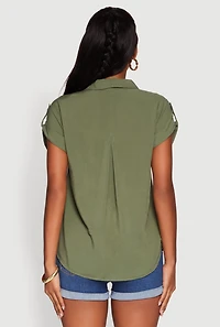 Womens Trendy Tabbed Short Sleeve Collared Blouse, Green, Size S