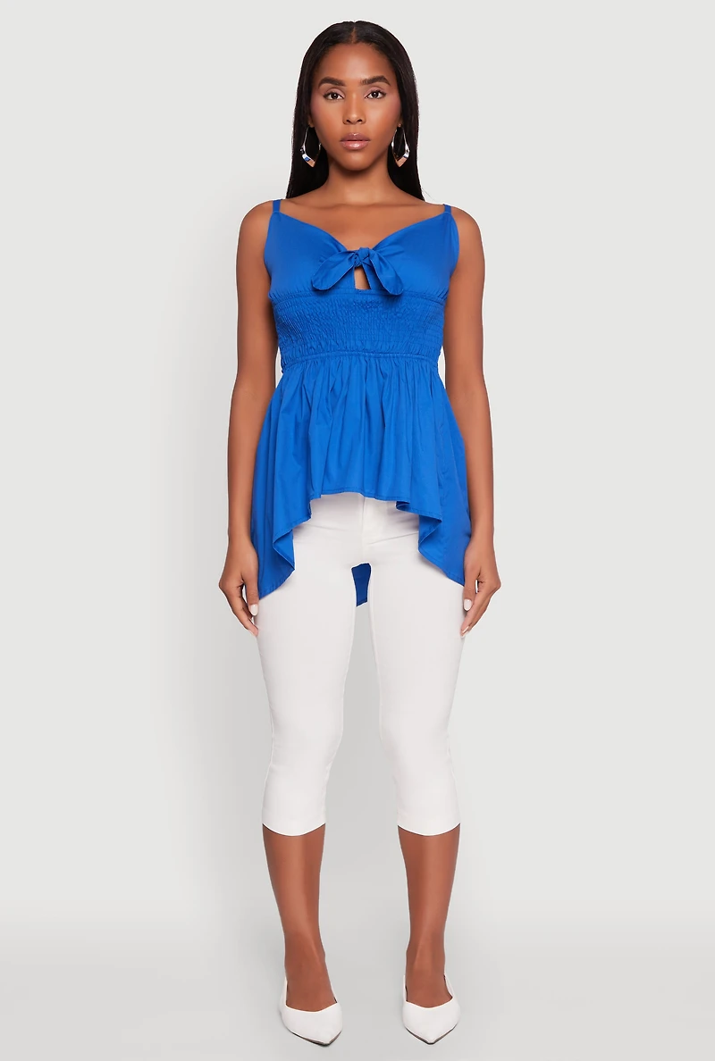 Womens Tie Front High Low Peplum Cami, Blue,