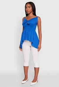 Womens Tie Front High Low Peplum Cami, Blue,