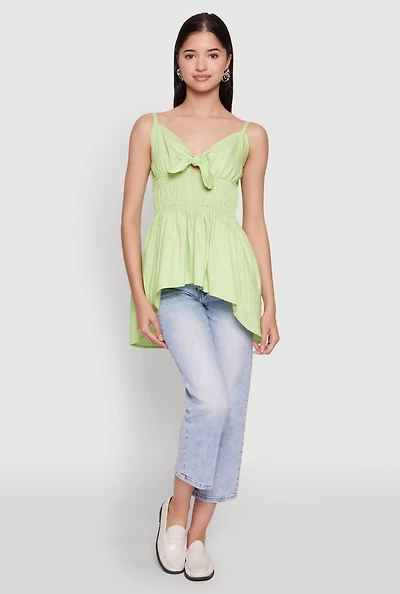 Womens Tie Front High Low Peplum Cami, Green,