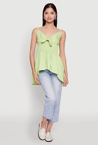Womens Tie Front High Low Peplum Cami, Green, Size L