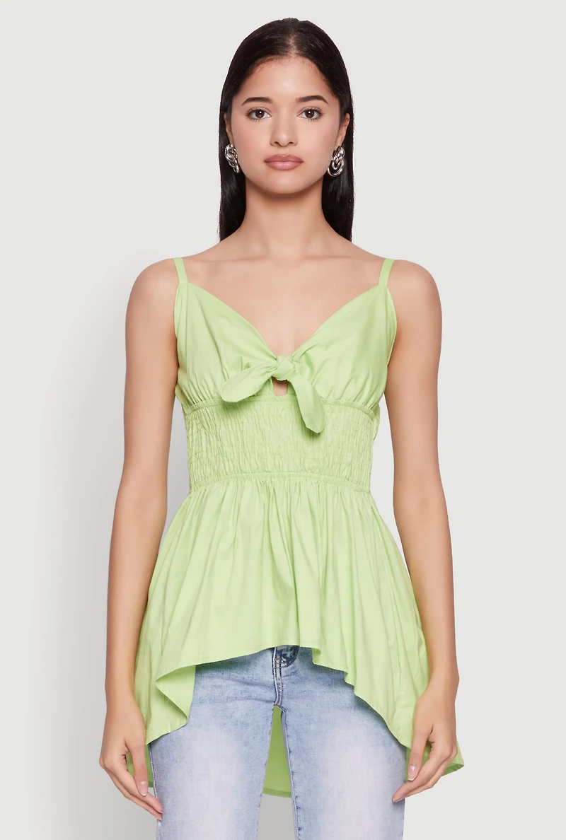 Womens Tie Front High Low Peplum Cami, Green, Size L