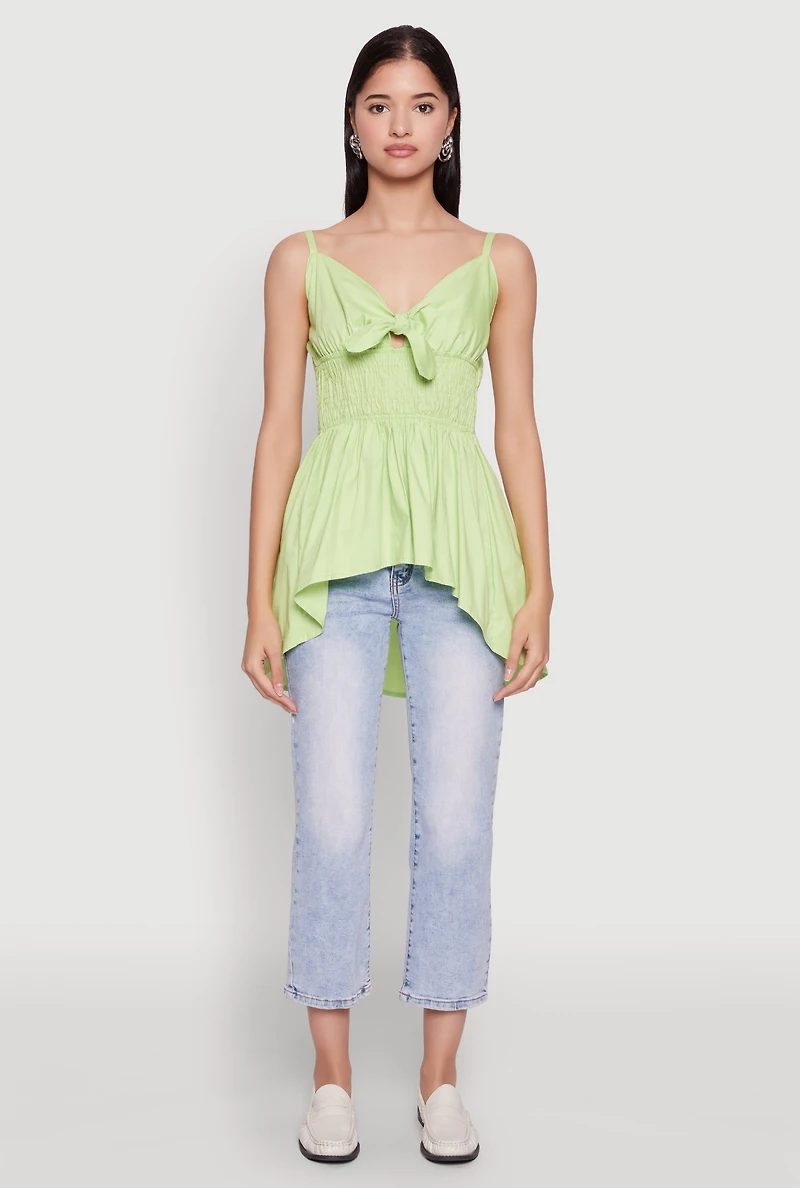 Womens Tie Front High Low Peplum Cami, Green,