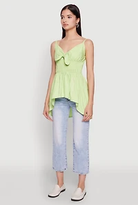 Womens Tie Front High Low Peplum Cami, Green,
