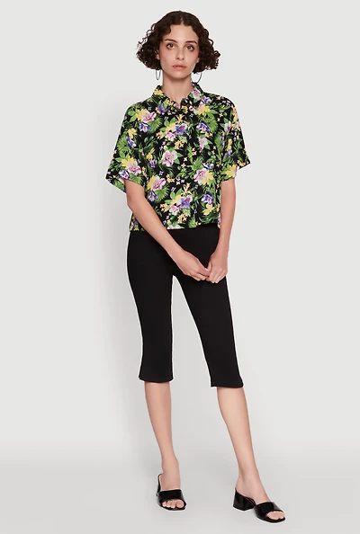 Womens Trendy Tropical Floral Button Front Short Sleeve Shirt, Multi, Size L
