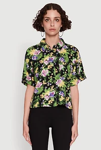 Womens Trendy Tropical Floral Button Front Short Sleeve Shirt, Multi, Size L