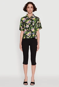Womens Trendy Tropical Floral Button Front Short Sleeve Shirt, Multi, Size L