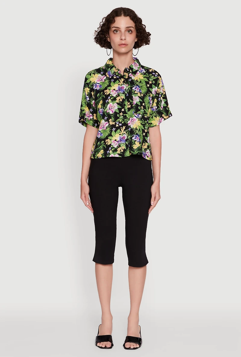 Womens Trendy Tropical Floral Button Front Short Sleeve Shirt, Multi,