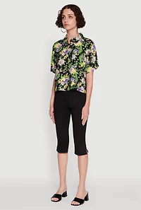 Womens Trendy Tropical Floral Button Front Short Sleeve Shirt, Multi,