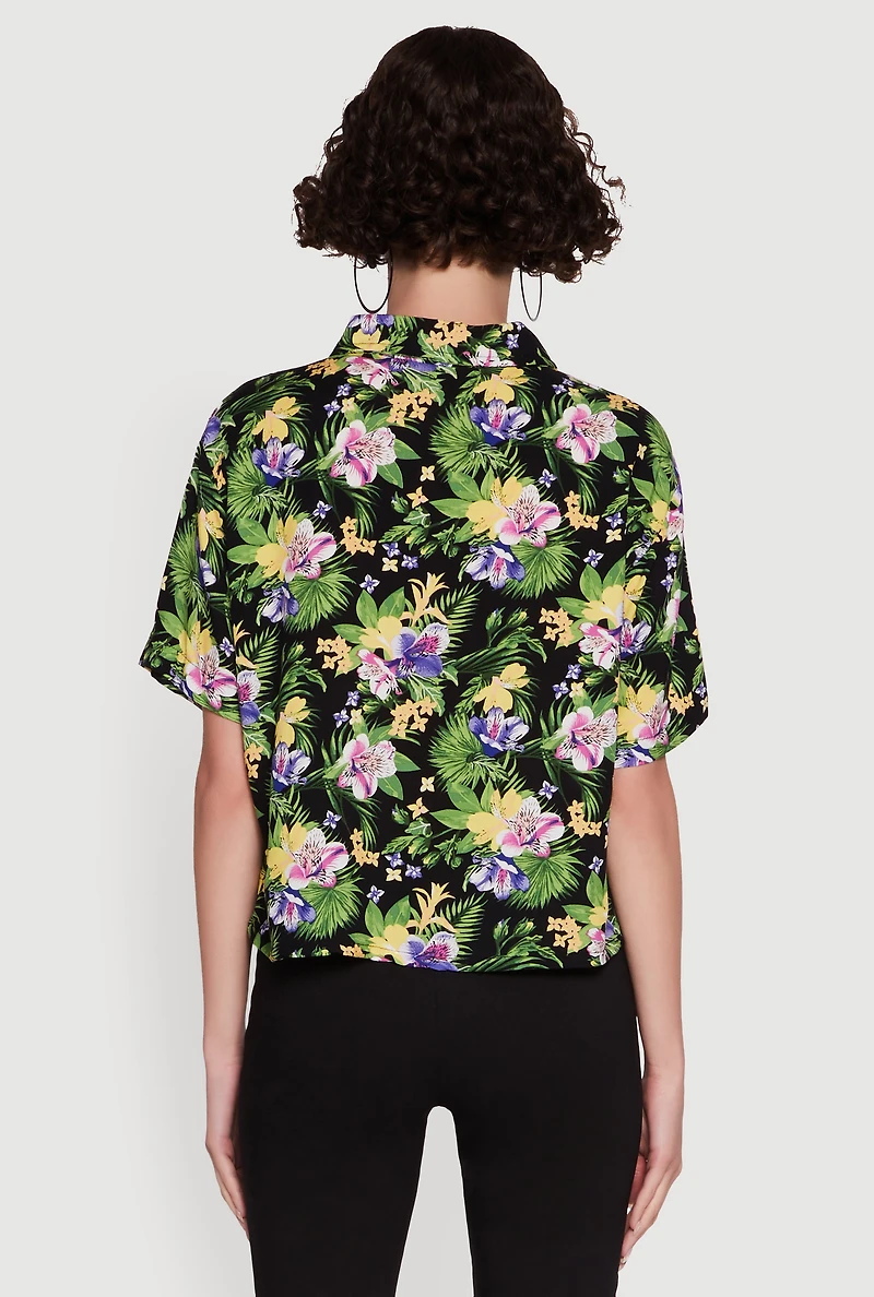 Trendy Tropical Floral Button Front Short Sleeve Shirt