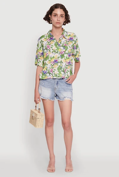 Womens Trendy Tropical Floral Button Front Short Sleeve Shirt, Multi,