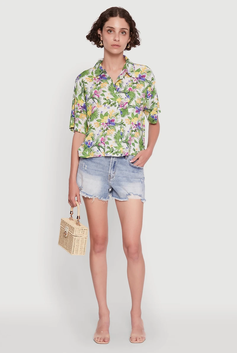 Womens Trendy Tropical Floral Button Front Short Sleeve Shirt, Multi,