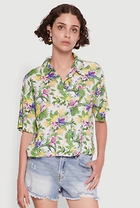 Womens Trendy Tropical Floral Button Front Short Sleeve Shirt, Multi,
