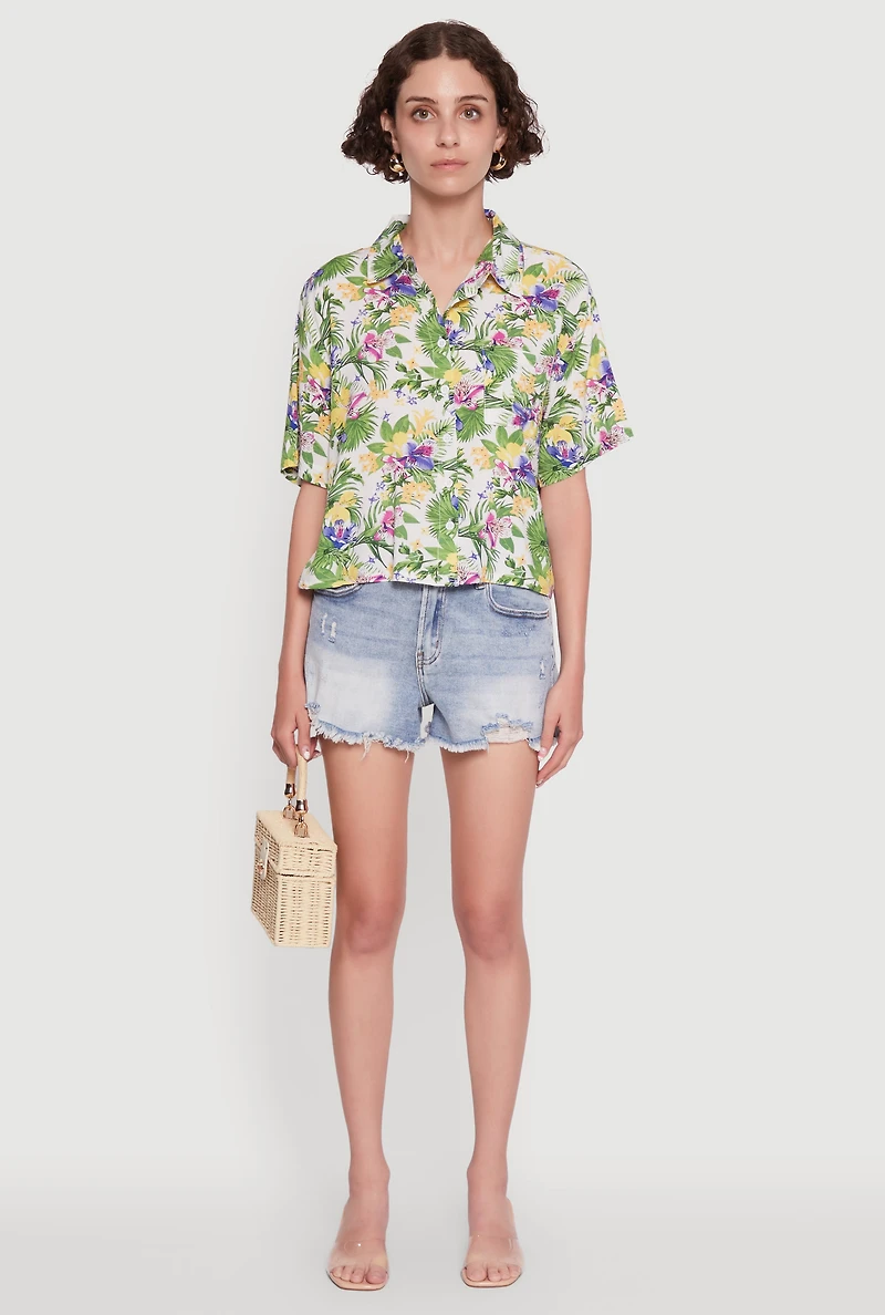 Womens Trendy Tropical Floral Button Front Short Sleeve Shirt, Multi,