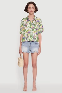 Womens Trendy Tropical Floral Button Front Short Sleeve Shirt, Multi,
