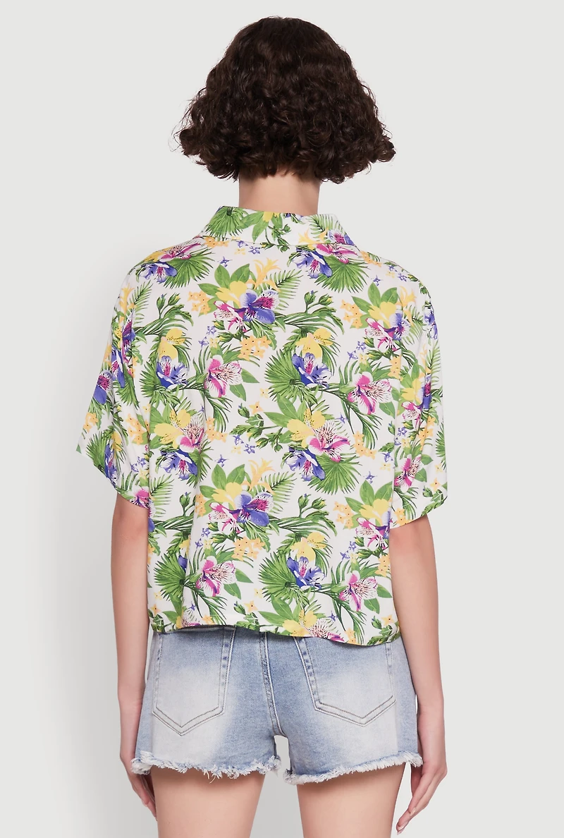 Womens Trendy Tropical Floral Button Front Short Sleeve Shirt, Multi,