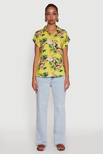 Womens Printed Pattern Button Front Shirt, Yellow, Size XL