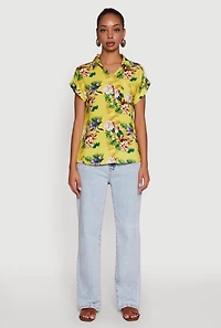 Womens Printed Pattern Button Front Shirt, Yellow, Size XL