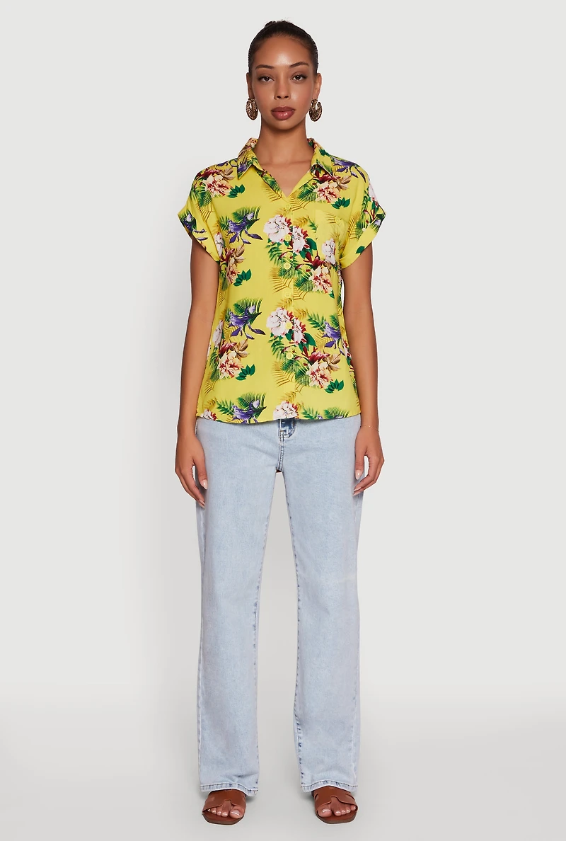 Womens Printed Pattern Button Front Shirt, Yellow,