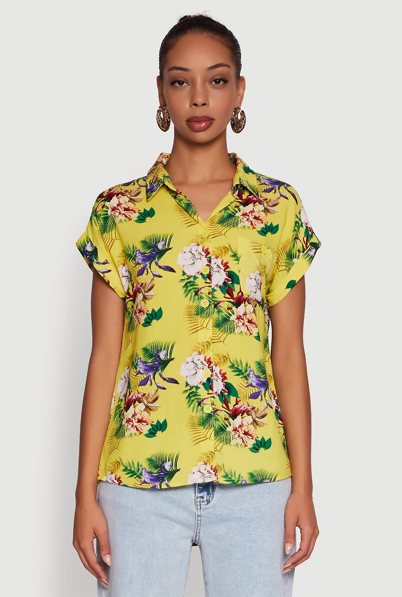 Womens Printed Pattern Button Front Shirt, Yellow,