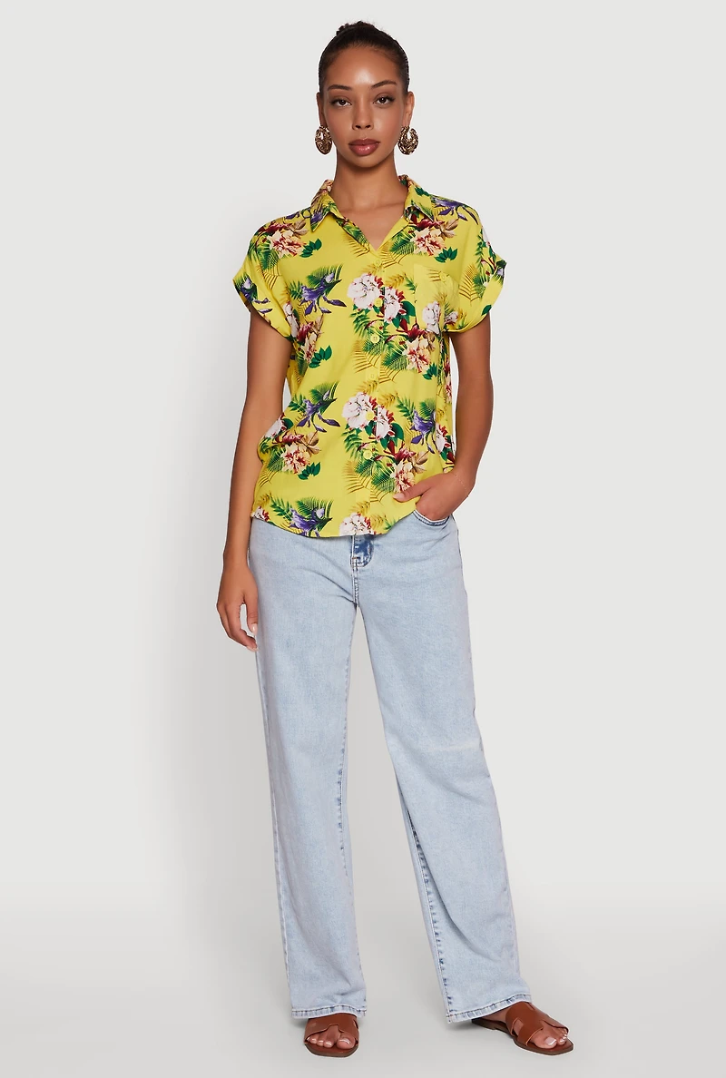 Womens Printed Pattern Button Front Shirt, Yellow,