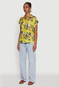 Womens Printed Pattern Button Front Shirt, Yellow, Size XL