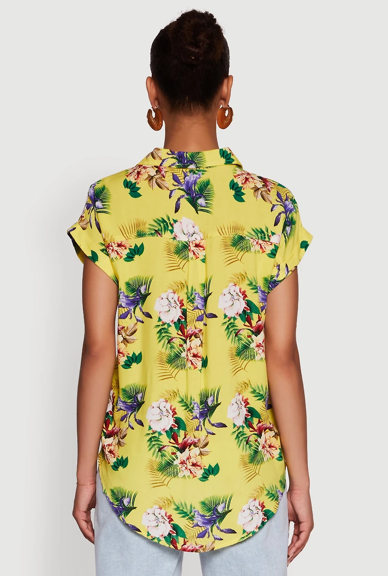 Womens Printed Pattern Button Front Shirt, Yellow,