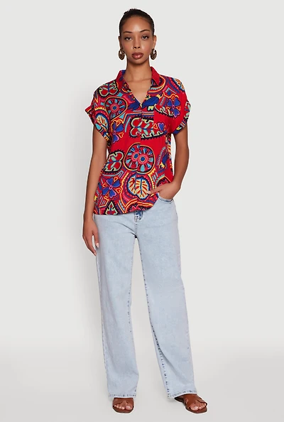 Womens Printed Pattern Button Front Shirt, Red, Size S