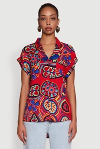 Womens Printed Pattern Button Front Shirt, Red, Size XL