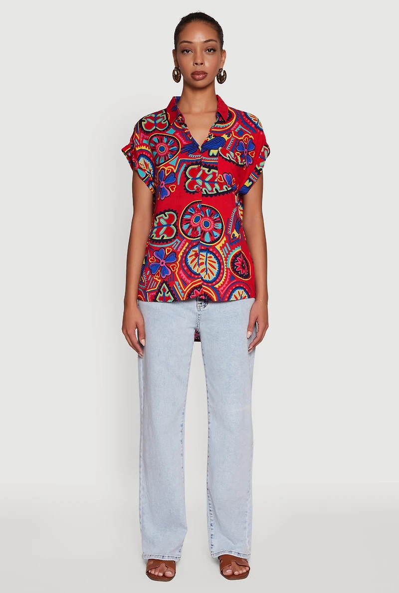 Womens Printed Pattern Button Front Shirt, Red, Size XL