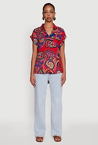 Womens Printed Pattern Button Front Shirt, Red, Size XL