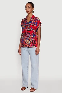 Womens Printed Pattern Button Front Shirt, Red, Size XL