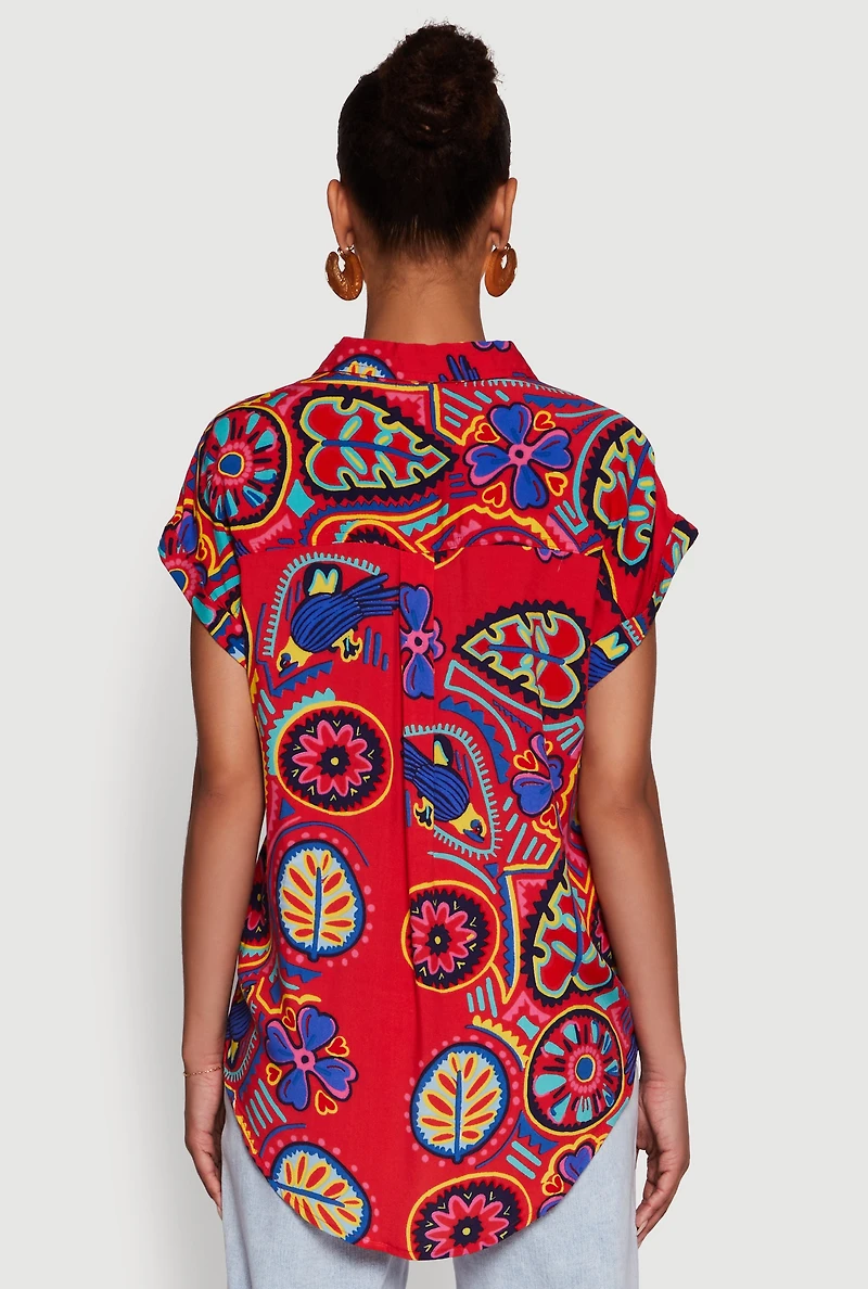 Womens Printed Pattern Button Front Shirt, Red, Size XL