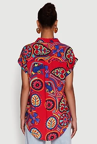 Womens Printed Pattern Button Front Shirt, Red, Size XL