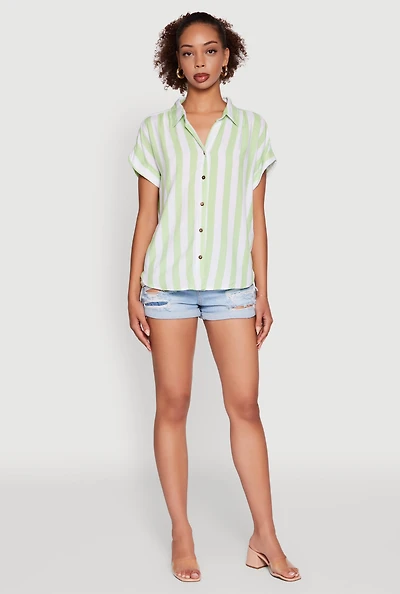 Womens Striped Button Front Fixed Cuff Shirt, Green,