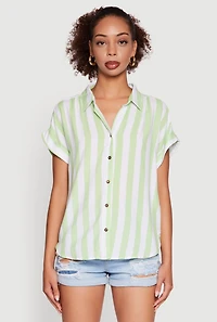 Womens Striped Button Front Fixed Cuff Shirt, Green,