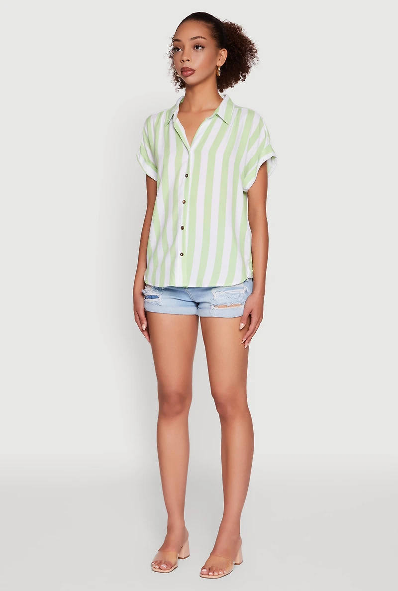 Womens Striped Button Front Fixed Cuff Shirt, Green,