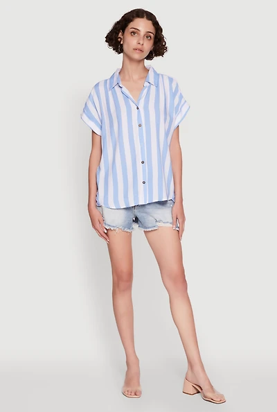 Womens Striped Button Front Fixed Cuff Shirt, Blue, Size M