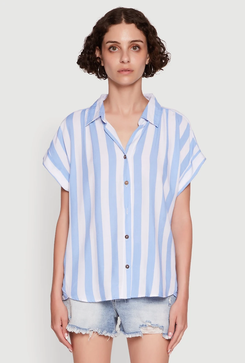 Womens Striped Button Front Fixed Cuff Shirt, Blue, Size XL